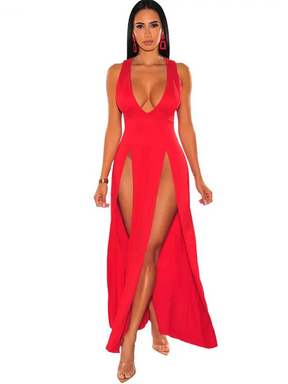 Maxi Dress Rouge Élégance Red with V-Neck