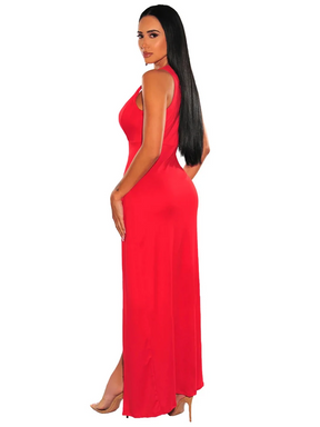 Maxi Dress Rouge Élégance Red with V-Neck