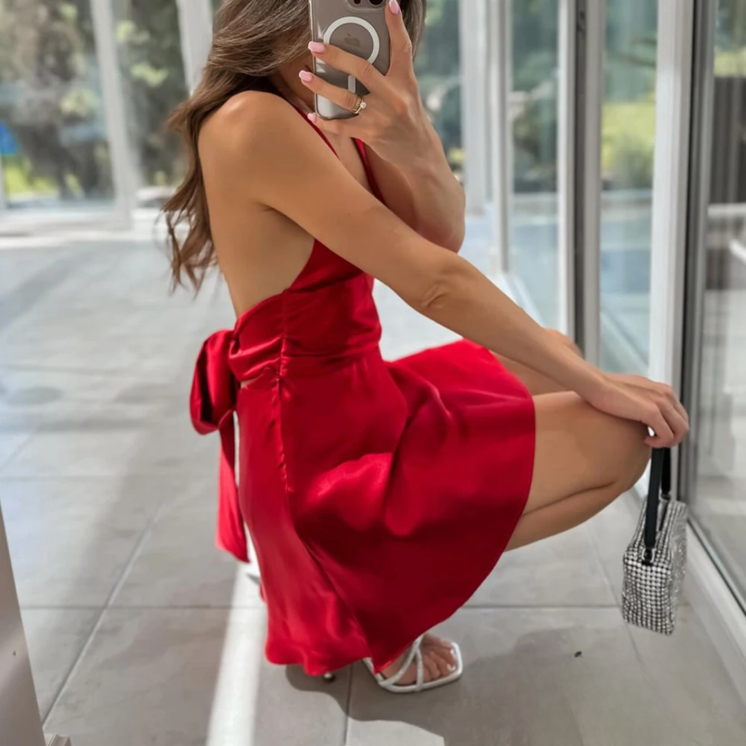 Elegant Red Satin Halter Dress