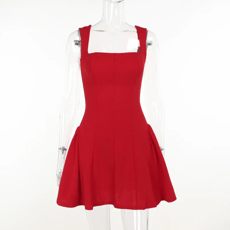 Mini Red Wine Pleated Dress with Square Collar