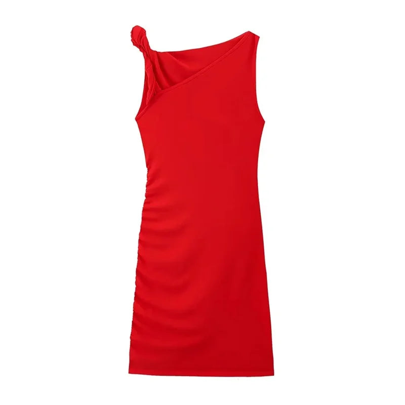 Asymmetrical Bodycon Mini Dress Without Sleeves - Red