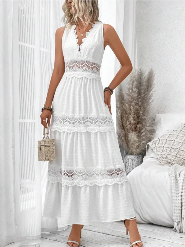 White Party Dress with Lace and V-Neck - Elegance