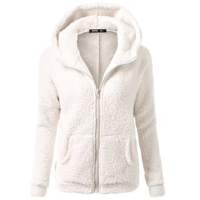 Women's Solid Color Plush Jacket Winter Vintage Casual Warm Coat Long Sleeve Zipper Hooded Pocket Tops Women Cardigan Outwear