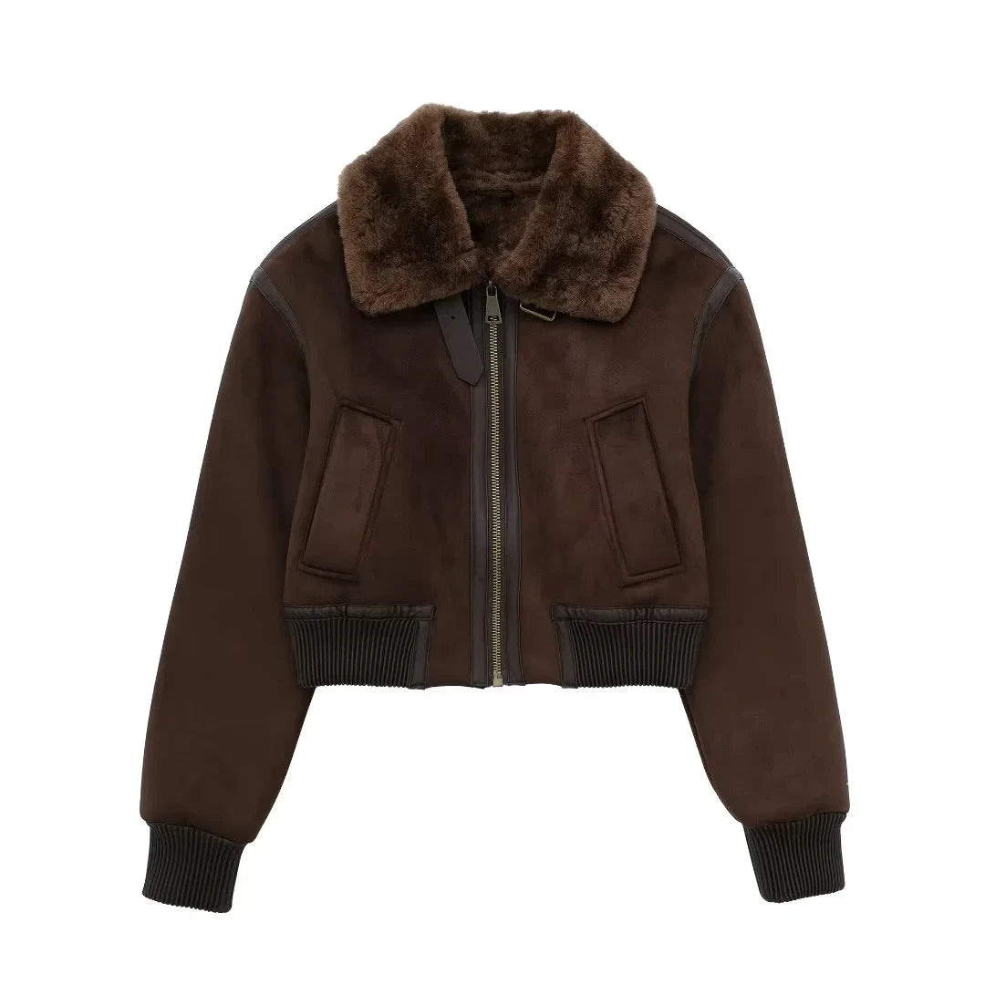 Oboustranná oříznutá bunda pro ženy na zip Faux Shearling 