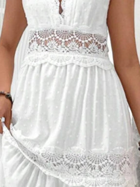 White Party Dress with Lace and V-Neck - Elegance