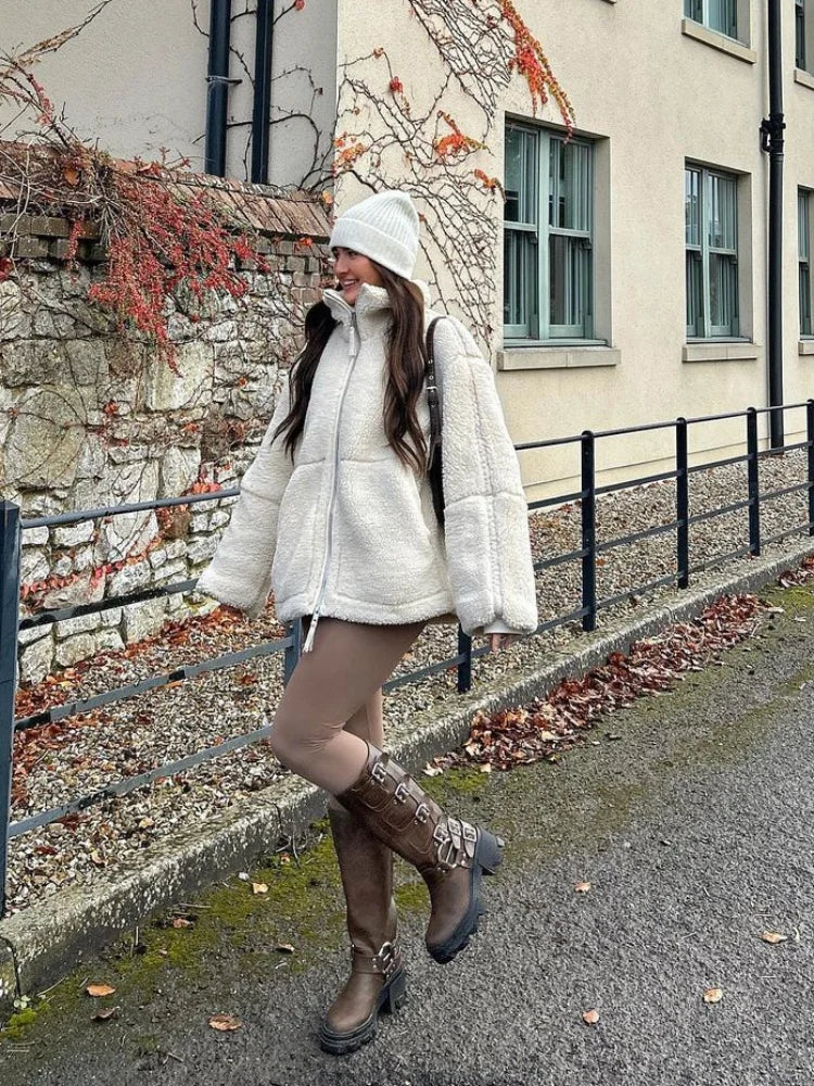 Chic Lamb Wool Patchwork Women's Winter Jacket