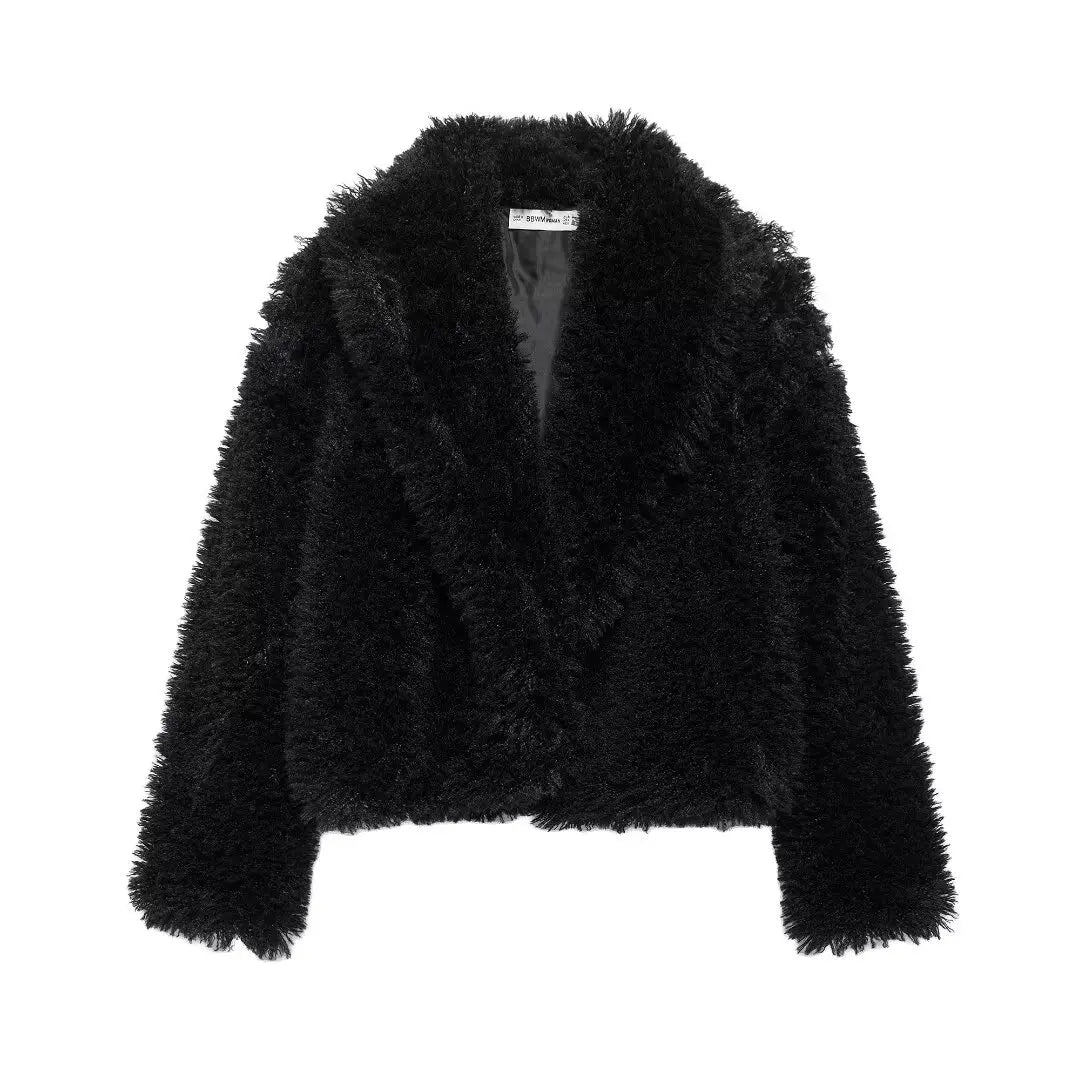 TRAF Winter Faux Fur Casual Jackets for Women Coats Thick Warm Soft Cropped Jakcets Vintage Long Sleeve Coat Outwears