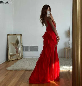 Maxi Chiffon Red Dress with Ruffles