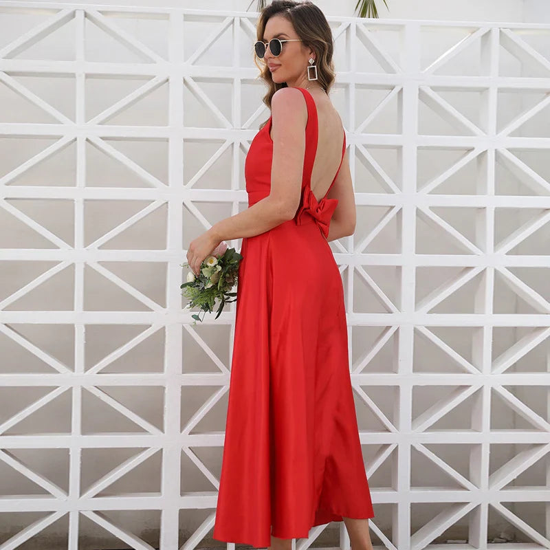 Elegant Red Dress with Double Bow