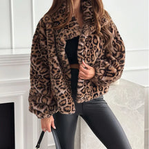 Faux Fur Furry Jacket For Women Long Sleeve Leopard Print Casual Coat Zipper Warm Female Outerwear 2024 Autumn Lady Streetwear