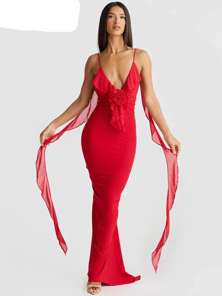 Long Sexy Dress with V-neck Red Marrie