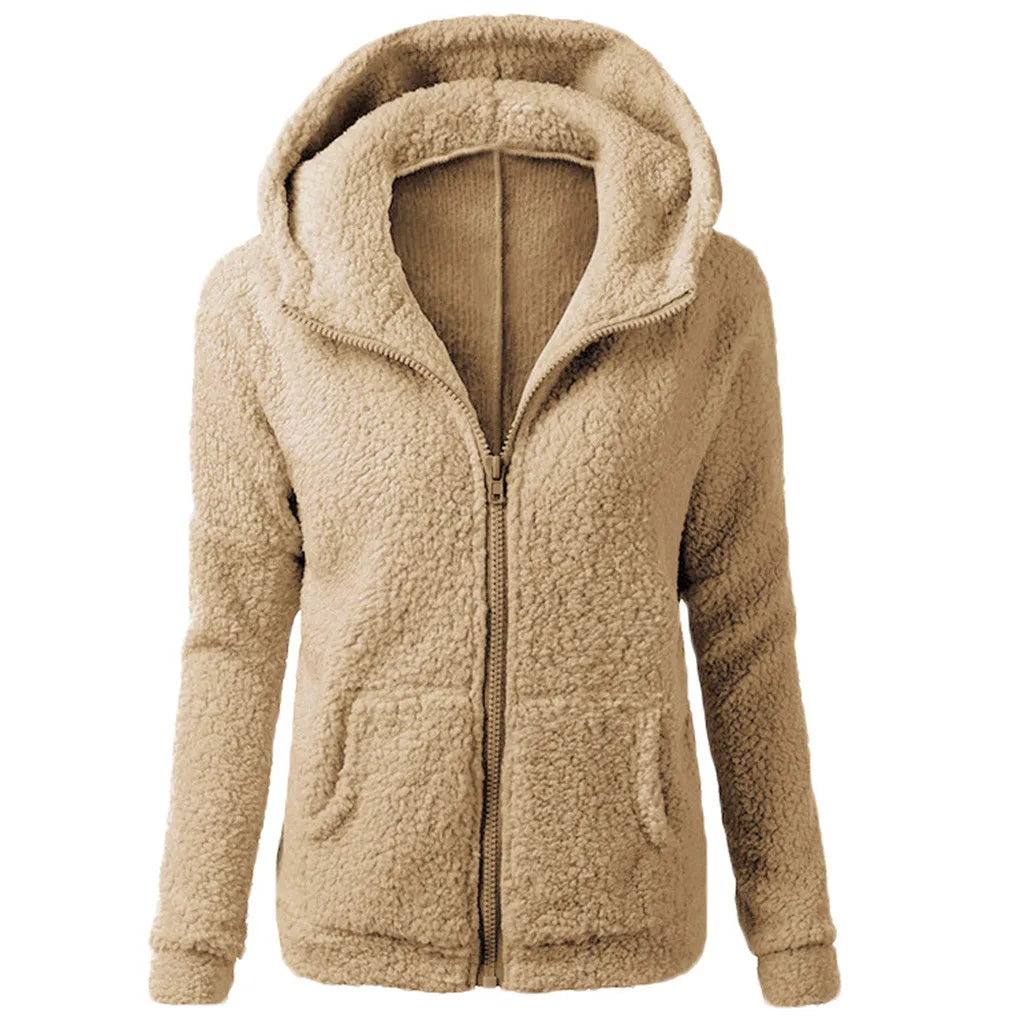 Women's Solid Color Plush Jacket Winter Vintage Casual Warm Coat Long Sleeve Zipper Hooded Pocket Tops Women Cardigan Outwear