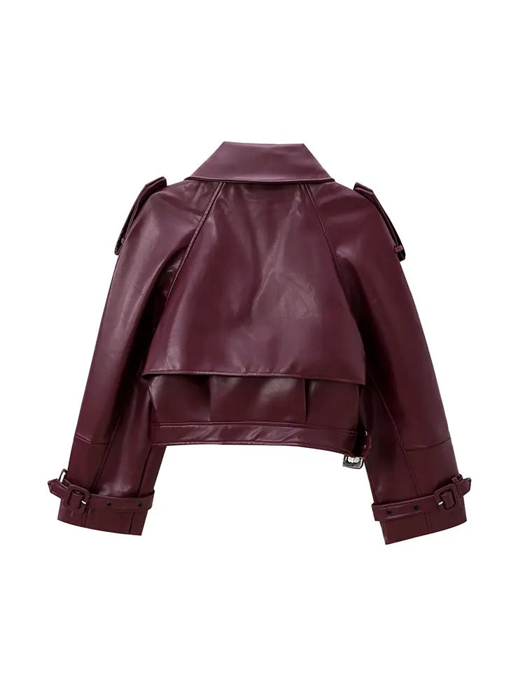 Faux PU Leather Women's Motorcycle Jacket with Belt