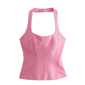 Top feminino com cabeçada fora do ombro TRAF, top crop sem mangas, tops sem costas, rosa e branco, sexy, verão, 2024