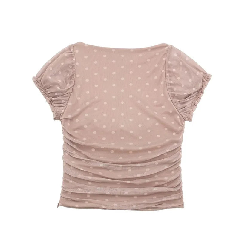 Short-Sleeve Polka-Dot Tulle Blouse