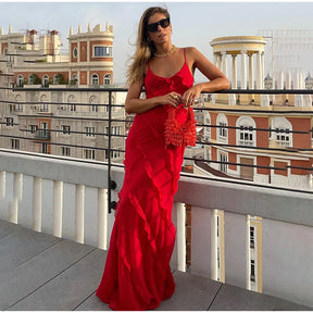 Long Red Chiffon Dress with Ruffles