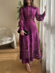 Hollow Embroidered Dress with Lantern Sleeve