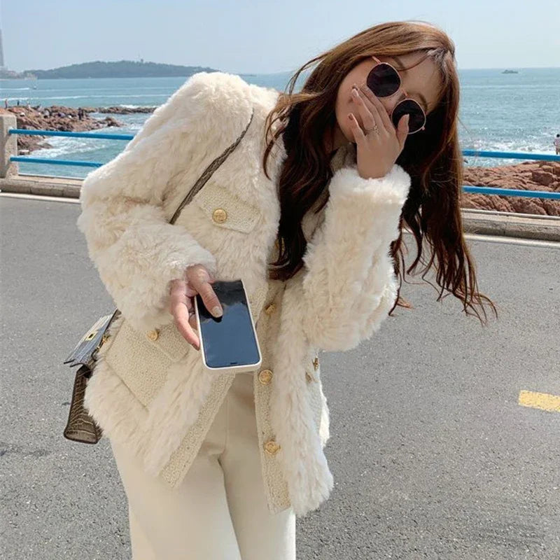 Lamb Wool Faux Fur Coat Women Streetwear Office Lady