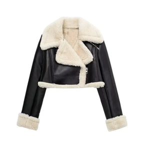 Women's Cropped Leather Jacket with Fur Trim