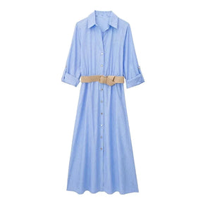 Striped Long Dress with Belt for Women