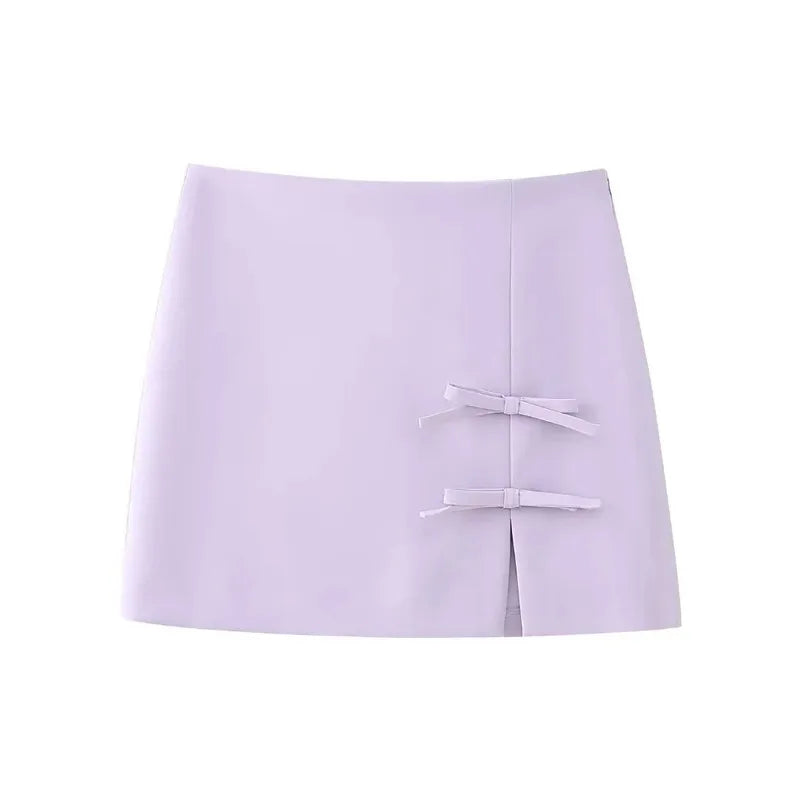 Purple High-Waisted Mini Skirt with Bow and Slit for Women