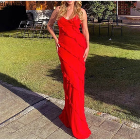 Maxi Chiffon Red Dress with Ruffles