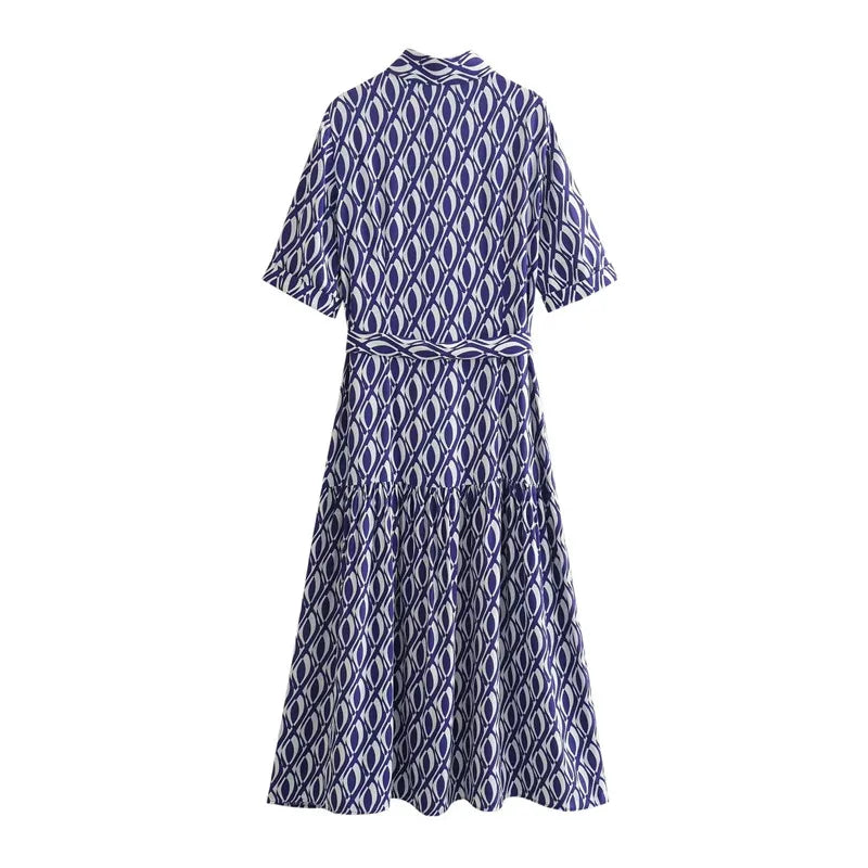 Midi Dress Women's Blue Print with Belt