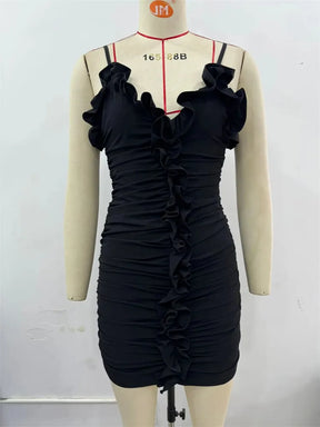 Black Bodycon Mini Dress with Ruffles and Straps