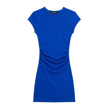 Mini vestido bodycon com ruched TRAF para mulheres, manga curta, vestidos casuais macios, azul e preto, com nervuras, verão, 2024