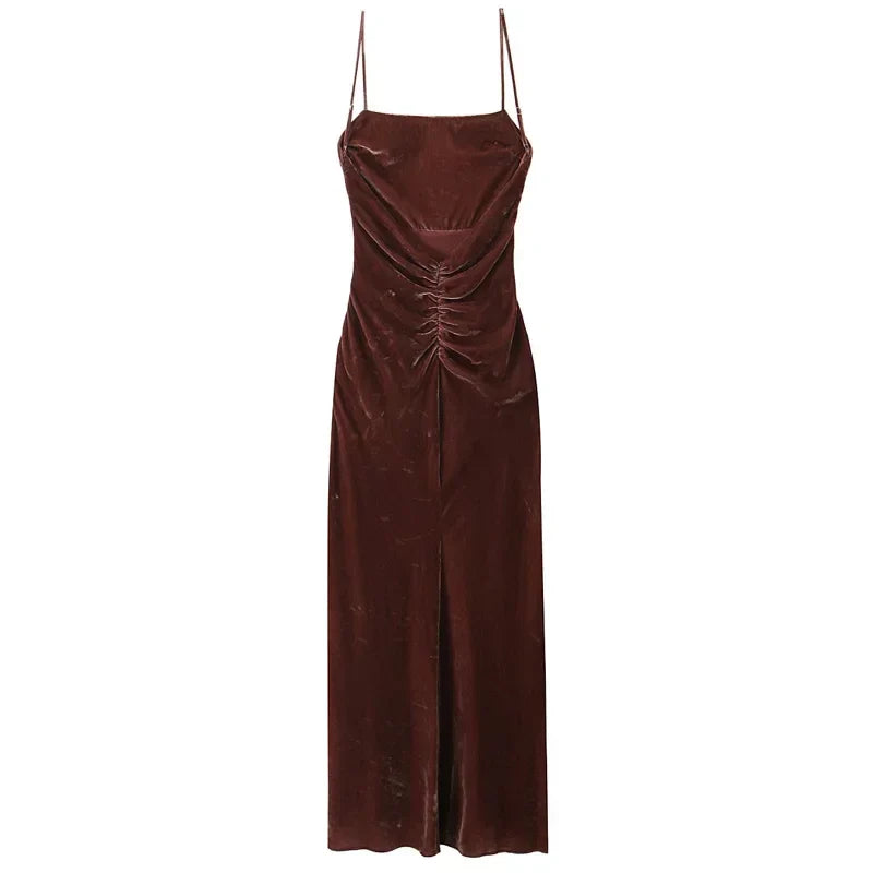 Elegant Brown Velvet Long Dress - Vanessa