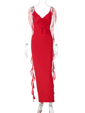 Long Sexy Dress with V-neck Red Marrie