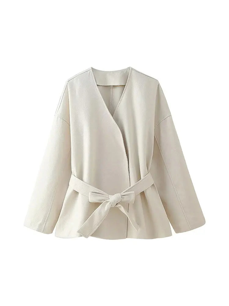 Chic V-neck Belted Coat for Women - Autumn