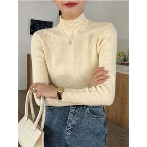 Knitted Turtleneck Sweater with Buttons for Women