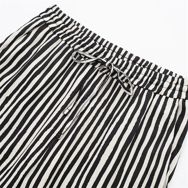 Striped High-Waisted Satin Wide-Leg Pants