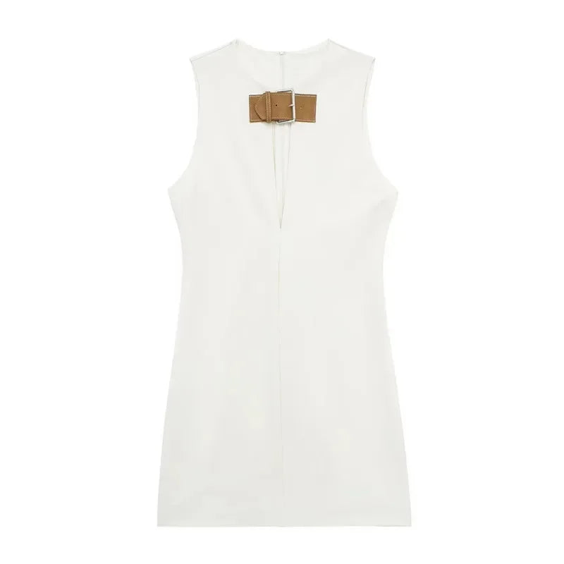 Mini White Bodycon Dress with Buckle