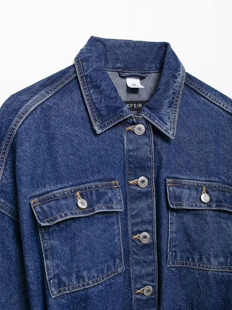 Vintage Denim Jacket Women Loose Sash Tie Up Mid Length