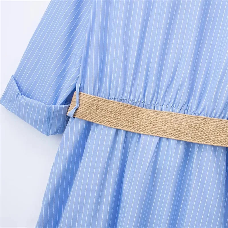 Striped Long Dress with Belt for Women