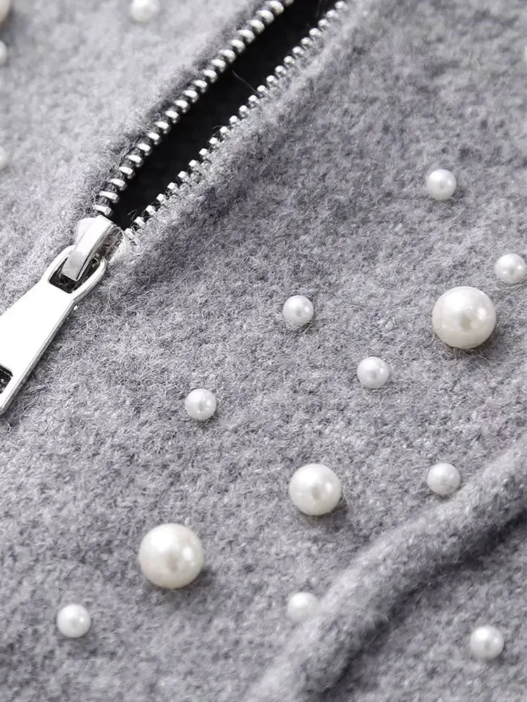 Knitted Bomber Jacket with Faux Pearls