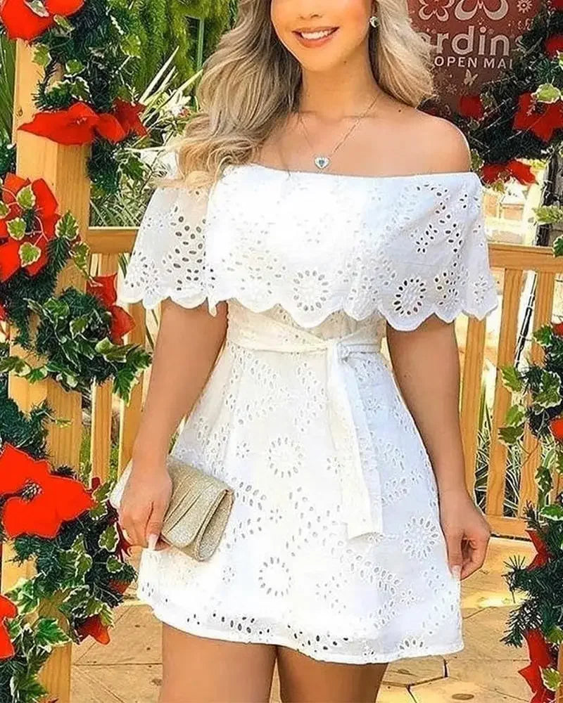 Off-Shoulder White Lace Dress - Elegance