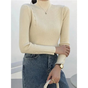 Knitted Turtleneck Sweater with Buttons for Women