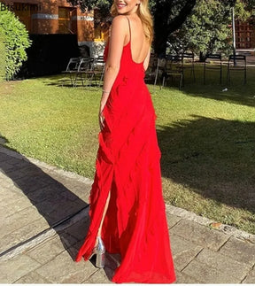 Maxi Chiffon Red Dress with Ruffles