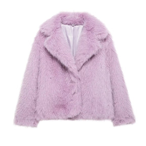 TRAF Winter Faux Fur Casual Jackets for Women Coats Thick Warm Soft Cropped Jakcets Vintage Long Sleeve Coat Outwears