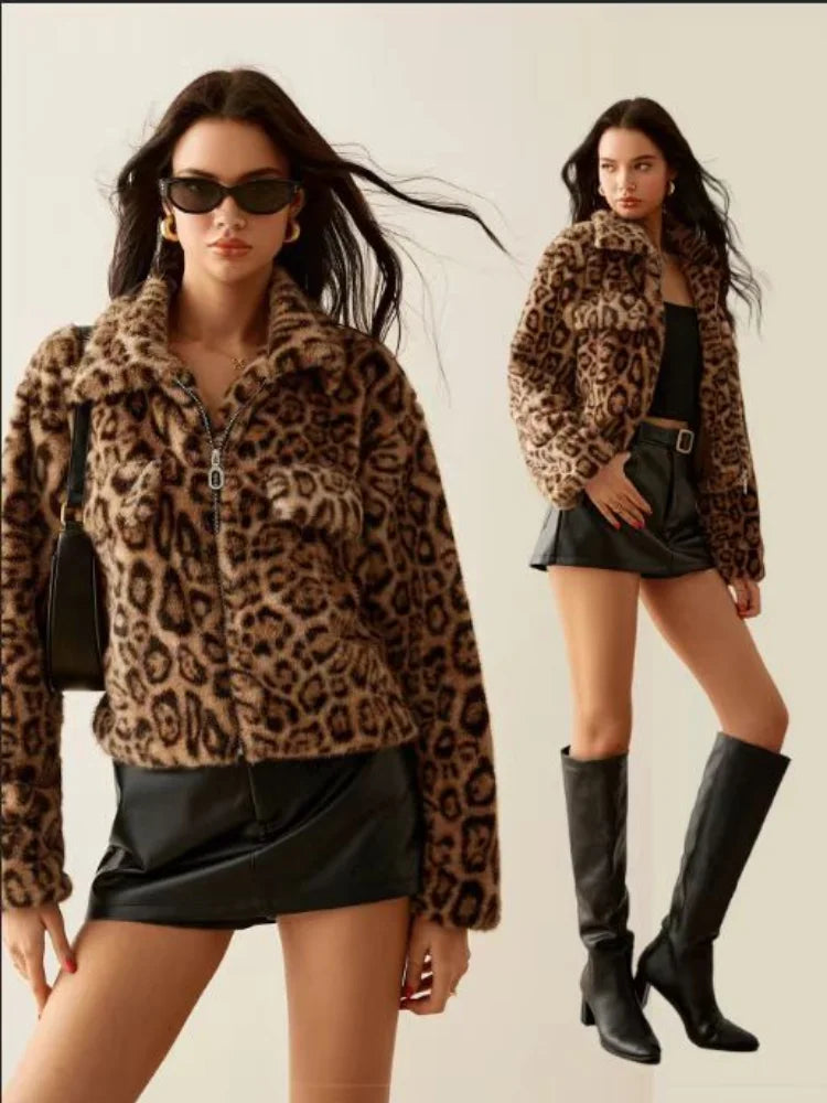 Leopard Print Faux Fur Jacket for Women - Warm & Stylish