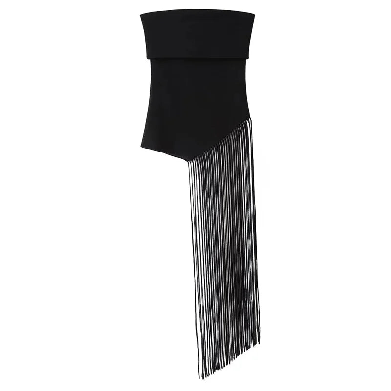 Asymmetrical Black Top with Fringe for Parties