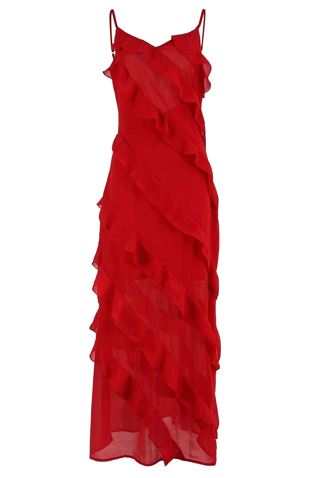 Maxi Chiffon Red Dress with Ruffles