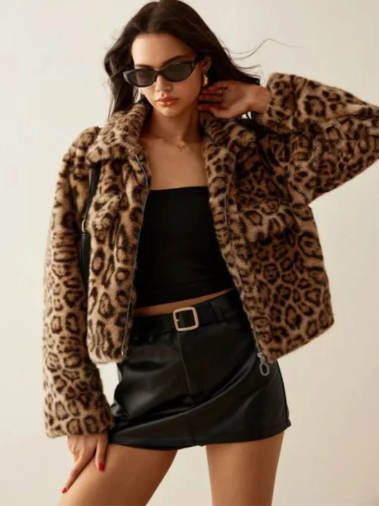 Leopard Print Faux Fur Jacket for Women - Warm & Stylish