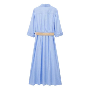 Striped Long Dress with Belt for Women