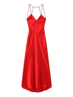 Red Satin Long Dress with V-Strap