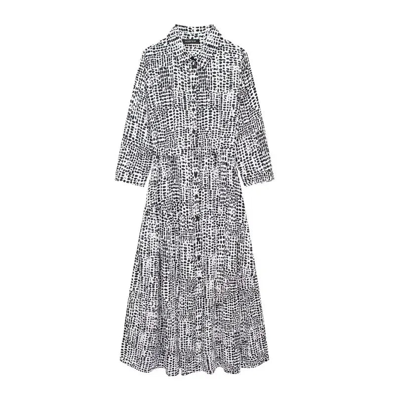 Printed Midi Dress with Belt and Buttons