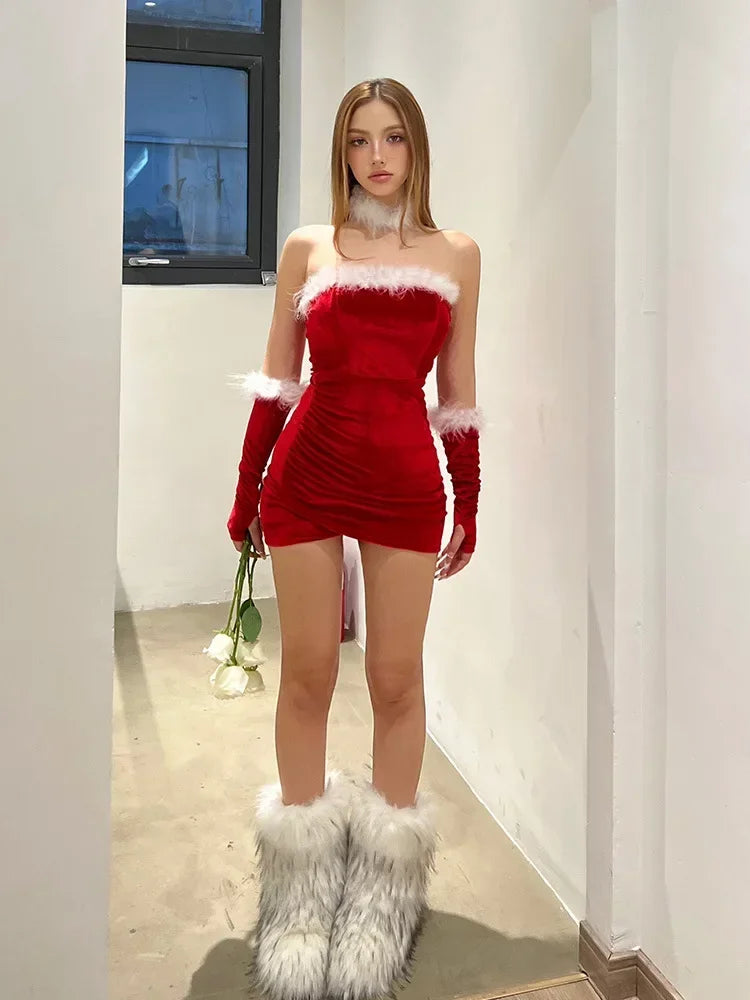 Velvet Christmas Dress with Gloves and Feathers